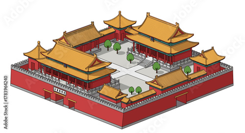 Isometric forbidden city: ancient chinese architecture with courtyard