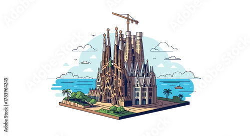 Detailed isometric view of iconic spanish cathedral with ocean background