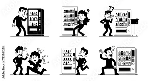 Man standing near vending machine looking surprised flat vector illustration expressing doubts with gesture in monochrome doodle style in studio shot for stock artwork of problem concept