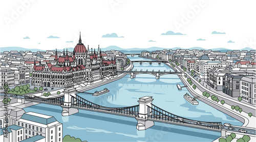 Charming budapest skyline with iconic landmarks and bridges in detailed drawn style