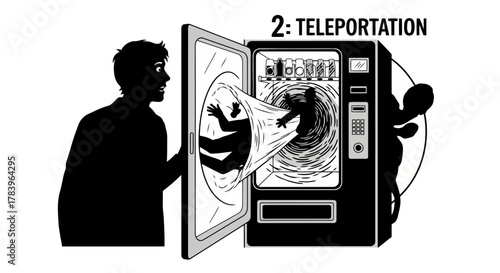 Surreal Teleportation Scene Depicting Person Emerging from Vending Machine Creating Quirky and Mysterious Concept for Modern Lifestyle in Black and White Comic Style Vector Illustration