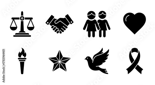 Set of eight black silhouette icons including scales, handshake, and heart