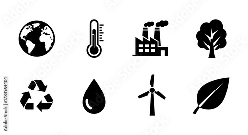 Environmental icons: black silhouettes of global, climate, and eco concepts