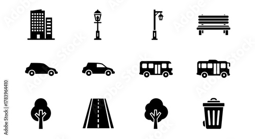 Minimalist urban icon set featuring buildings, transportation, and street elements