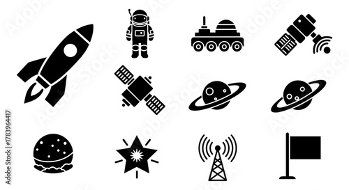 Space and technology icons: rockets, satellites, astronauts, and more in bold silhouette style