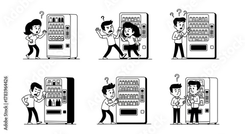Variety of Individuals Showing Confusion or Uncertainty with Question Marks Standing Near Soda Vending Machine Displaying Bottled Drinks at Store, Line Art Isolated on White Background