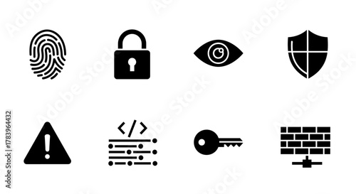 Security icons set: lock, fingerprint, eye, and firewall symbols in minimalist design