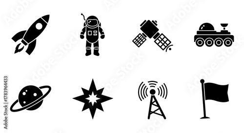 Space exploration icons: rocket, astronaut, satellite, rover, and more in silhouette style
