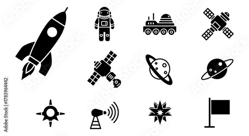 Space icons set: silhouette designs featuring rockets, planets, astronauts, and satellites