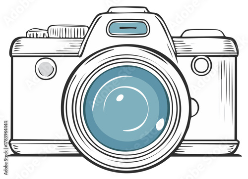 Vintage Camera Icon, Illustration of a Photo Camera with Lens in Sketch Style