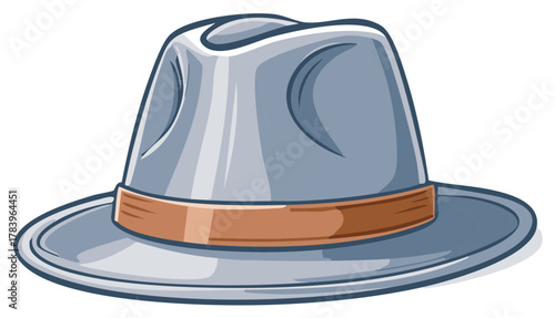 Classic grey fedora hat with a brown ribbon band, a stylish cartoon illustration.