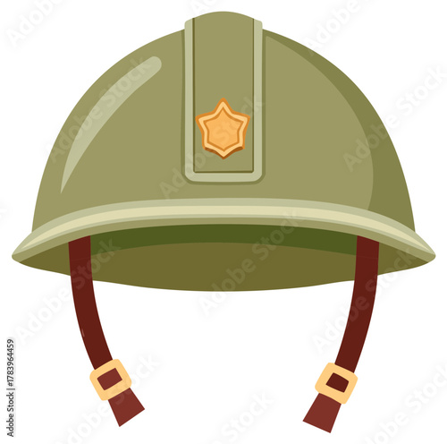 Illustration of a Vintage Military Helmet with Strap, Buckles, and Decoration for Protection and Safety