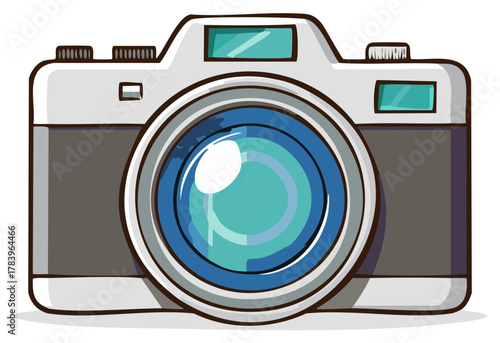 Retro Style Camera with Blue Lens and Silver Body