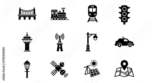 Urban transport and infrastructure icons: silhouette designs featuring trains, cars, and communication elements