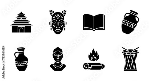 Silhouette icons of cultural artifacts and traditional symbols