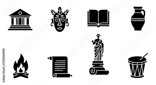 Ancient civilization symbols: architecture, artifacts, and cultural icons in silhouette design