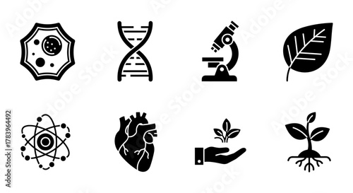 Science and nature icons: dna, microscopy, plant growth, and more in bold silhouette