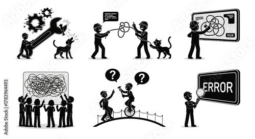 Collection of Cartoon Professionals Solving Difficulties and Errors, Using Tools to Fix Problems with Help from Pets, Silhouettes Isolated on White Background, Set of Six Images Exactly 200 Characters