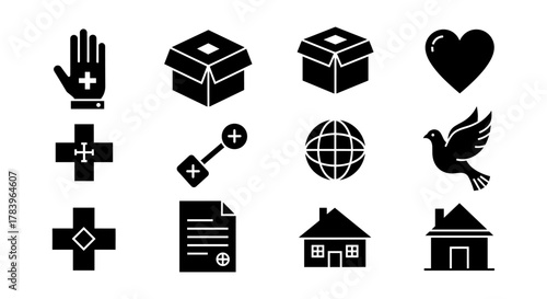 Healthcare and home icons: silhouette set featuring heart, home, and global symbols