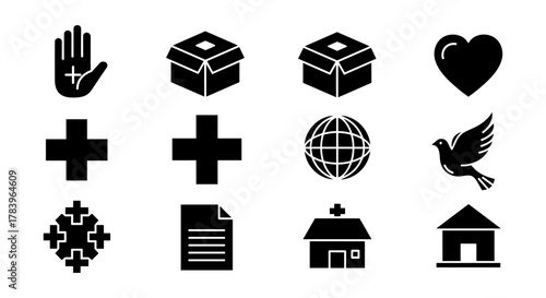 Humanitarian icons collection: aid, health, peace and relief symbols