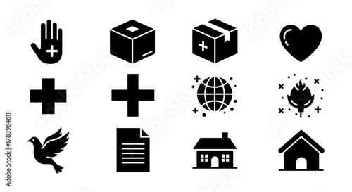 Emergency aid icons set: medical, relief, and safety symbols in black and white