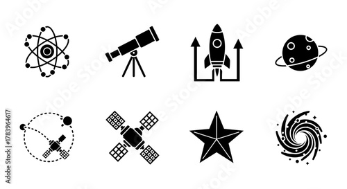 Set of black science and space icons featuring atom, telescope, rocket, and planet in silhouette style