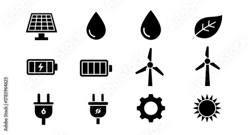Sustainable energy icons set featuring solar panels and wind turbines in silhouette style