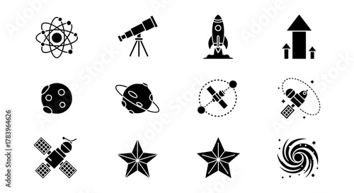Space icons set: science, exploration, and astronomy in black and white