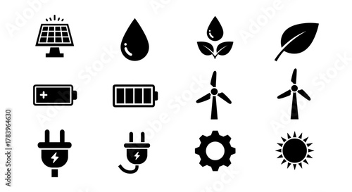 Eco-friendly energy icons set: solar, wind, and sustainable design elements