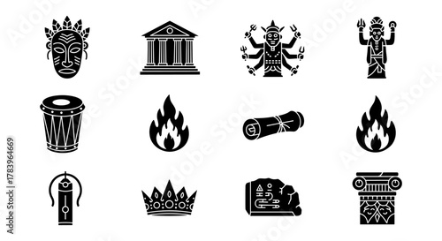 Ancient culture icons: sacred symbols and tribal artifacts in black silhouette style