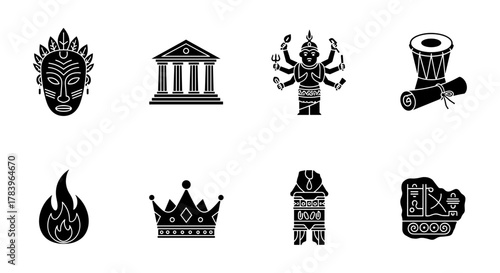 Cultural icon set: tribal mask, temple, deity, drum, scroll, fire, crown, armor, glyph