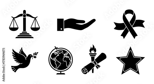 Set of black silhouette icons representing justice, peace, and global education themes