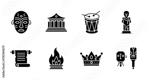 Black and white cultural icons collection: mask, temple, drum, statue, scroll, fire, crown, abstract designs