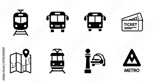 Transport icons: bus, train, metro, ticket, and map for urban commuting