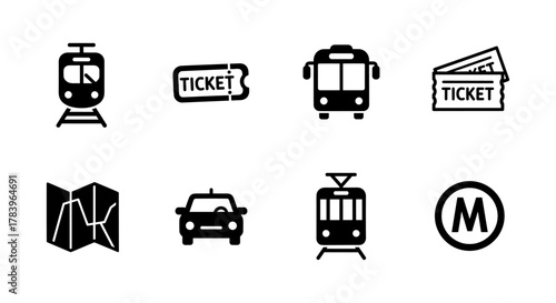 Minimalist transport icons: bus, train, metro, tickets, map, and car