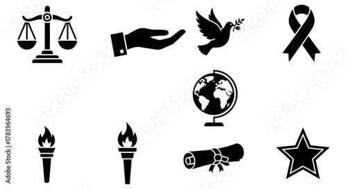 Symbols of peace, justice, and unity in simple silhouette design