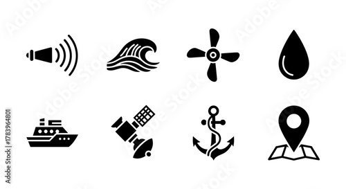 Maritime icons set: nautical symbols in silhouette style for marine-themed design