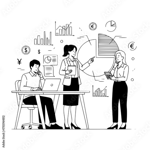 Three dedicated finance experts analyzing market data and discussing strategy surrounded by financial charts currency symbols in a dynamic office professional landing page illustration