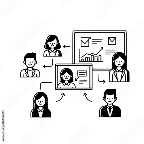 Professional group of business people engaging in data analysis within a modern digital workspace with interactive whiteboard charts and video communication showcasing collaborative strategic planning