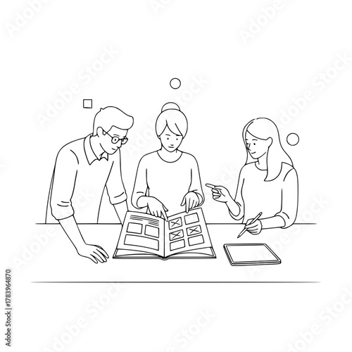 Three diverse design professionals collaborating on website layout review for a digital landing page project in a minimalist office illustration