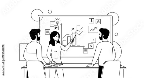 Diverse business professionals collaborate discussing financial data charts and growth strategies in a minimalist office meeting line art illustration perfect for a landing page