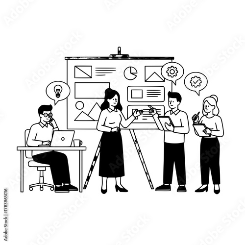 Dynamic business professional team presenting collaborating developing UI UX design concepts in an interactive modern office meeting