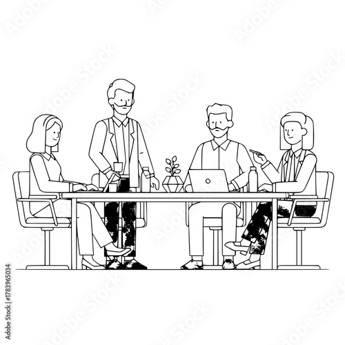 Diverse business team actively discussing strategy in a contemporary office boardroom with laptop and plant a vector landing page illustration