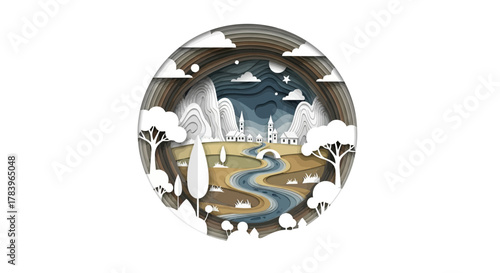 Enchanting stylized landscape with river flowing through charming village under starry night, serene nature scene, peaceful countryside getaway illustration