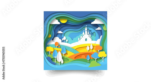 Whimsical papercut landscape with fairytale castle, sun, and fluffy clouds evokes joy and imagination, perfect for children's books and creative projects