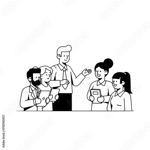 Five diverse business professionals actively discussing in a corporate meeting setting flat line art illustration perfect for a web landing page design
