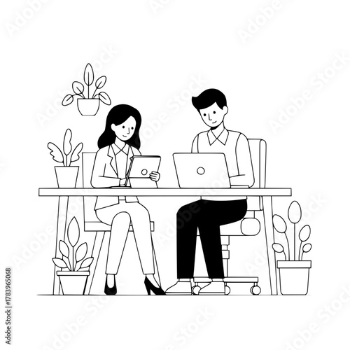 Dedicated business professionals collaborating on projects with digital devices in a minimalist office workspace flat line landing page illustration