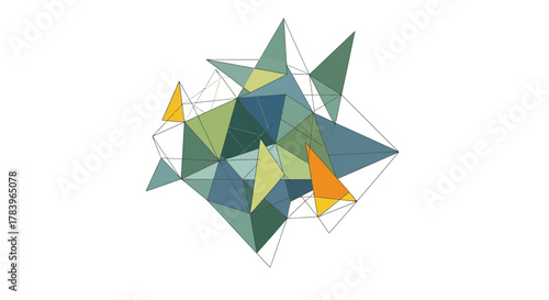 Modern geometric abstraction with interconnected triangles in cool blues and greens, conveying innovation, complexity, and a futuristic digital aesthetic