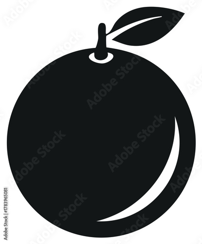Minimalist black citrus fruit icon with leaf, digital vector graphic illustration