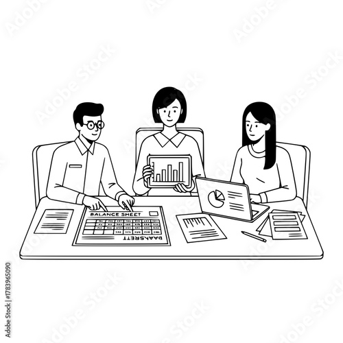 Diverse team of three business professionals collaborating analyzing financial data and reports on a modern office desk in this data-driven landing page illustration